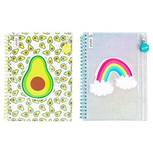 Yoobi College-Ruled Spiral Notebooks with Pencil Zipper Pouches | Fun Green Avacado Print | Cute Rainbow Glitter | 2-Pack | 60 Sheets, Multicolor - Image 1