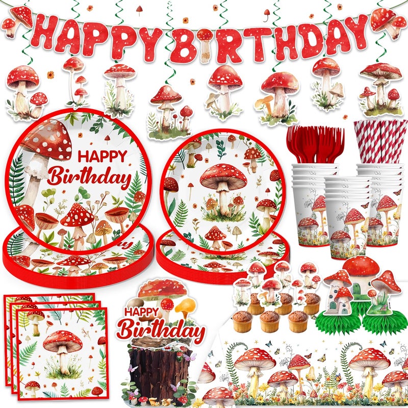 cocomigo 185Pcs Mushroom Birthday Decorations Tableware Set, Mushroom Birthday Decorations with Plates Napkins Cups Tablecloth and Cake topper for Girls Mushroom Party Decorations, Serve 25 - Image 1