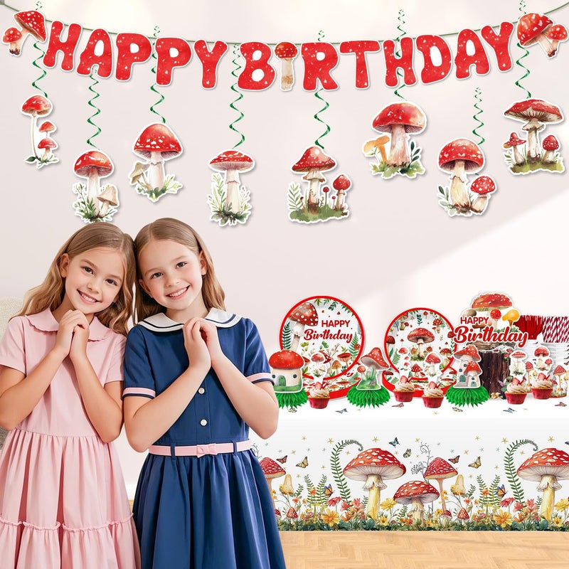 cocomigo 185Pcs Mushroom Birthday Decorations Tableware Set, Mushroom Birthday Decorations with Plates Napkins Cups Tablecloth and Cake topper for Girls Mushroom Party Decorations, Serve 25 - Image 5