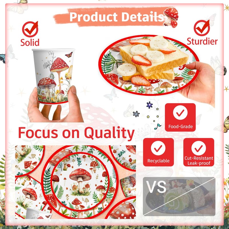cocomigo 185Pcs Mushroom Birthday Decorations Tableware Set, Mushroom Birthday Decorations with Plates Napkins Cups Tablecloth and Cake topper for Girls Mushroom Party Decorations, Serve 25 - Image 4
