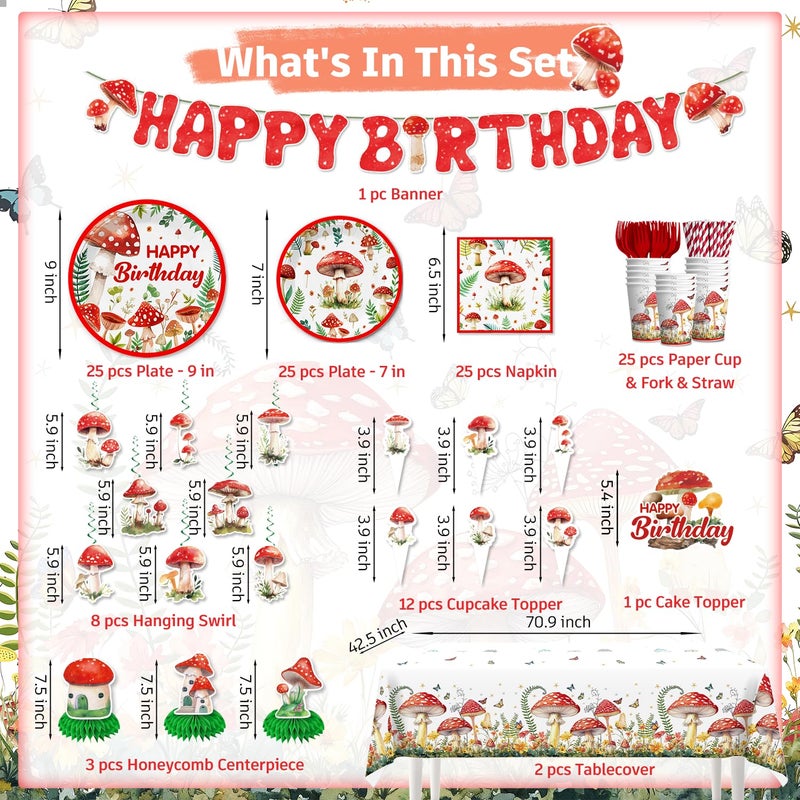 cocomigo 185Pcs Mushroom Birthday Decorations Tableware Set, Mushroom Birthday Decorations with Plates Napkins Cups Tablecloth and Cake topper for Girls Mushroom Party Decorations, Serve 25 - Image 2
