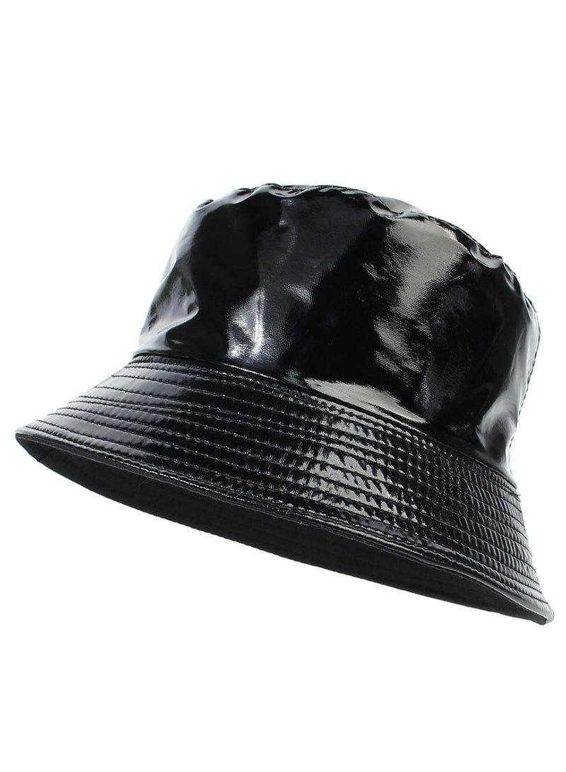 Unisex Shiny Bucket Hat PU Leather Waterproof Rain Hat Fishing Cap Reversible Bucket Hat Packable Sun Hats - Image 1