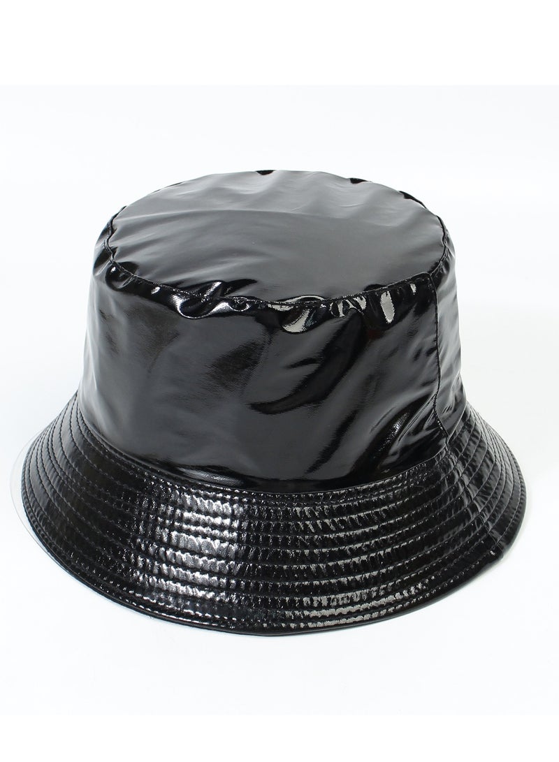Unisex Shiny Bucket Hat PU Leather Waterproof Rain Hat Fishing Cap Reversible Bucket Hat Packable Sun Hats - Image 2
