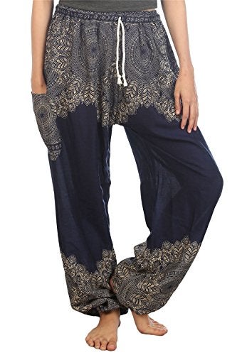 LOFBAZ Harem Pants for Women Yoga Boho Hippie Clothing Palazzo Bohemian Beach Maternity Pajama Indian Travel Gypsy Clothes Peacock 2 Dark Blue M - Image 4