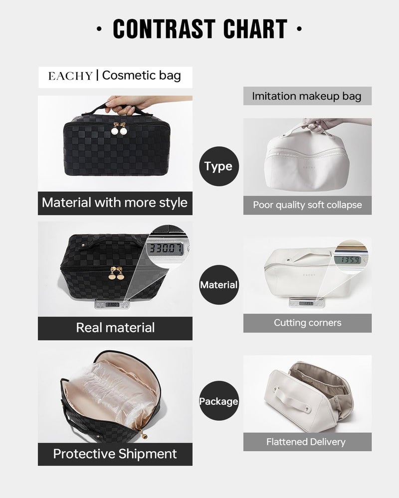 EACHY Travel Makeup Bag, Large Capacity Cosmetic Bags for Women, Waterproof Portable Pouch Open Flat Toiletry Bag, Be-black, Large, Rustic - Image 5