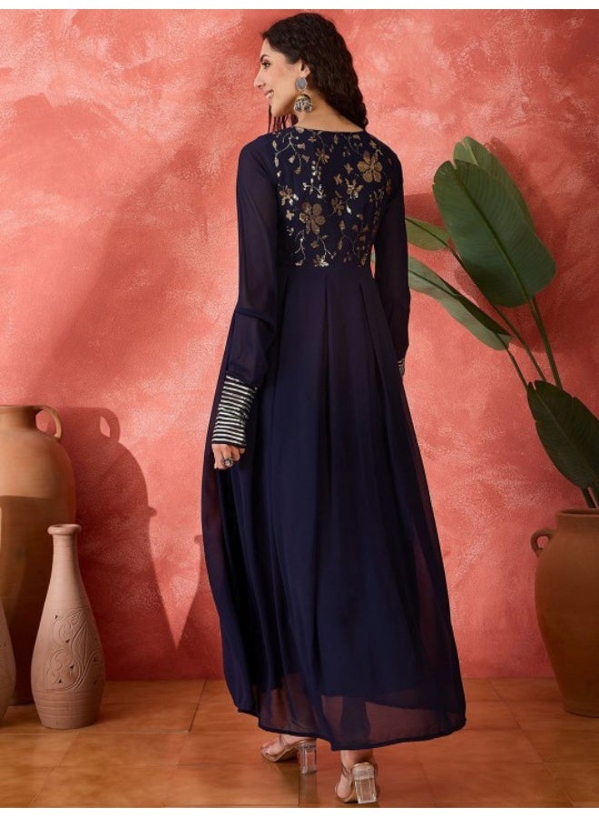 AKS Navy Blue Embroidered Flared Maxi  - Image 4
