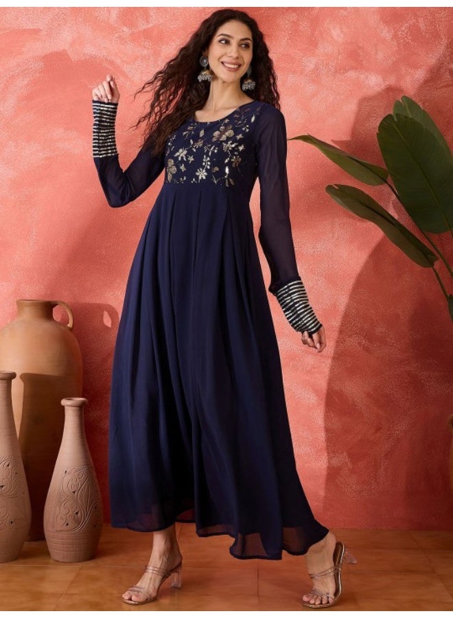 AKS Navy Blue Embroidered Flared Maxi  - Image 3