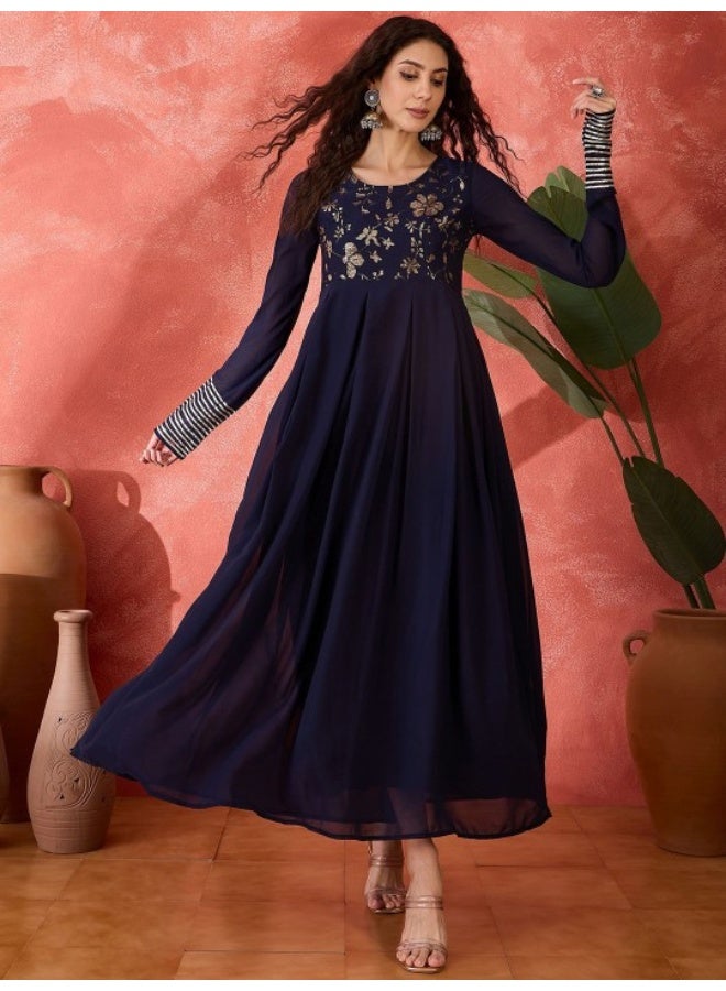 AKS Navy Blue Embroidered Flared Maxi  - Image 2