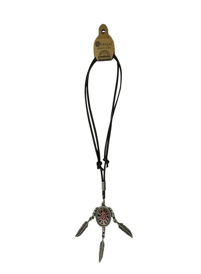 Ebsem Native American Chief Necklace - Genuine Leather Cord Vintage Surfer Jewelry - Warrior Indian Dream Catcher - Image 3