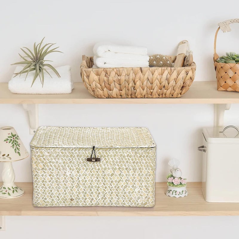Hipiwe Wicker Shelf Baskets Bin with Lid, Large Natural Seagrass Basket Storage Bins Handwoven Rectangular Household Basket Boxes for Shelf Wardrobe Home Organizer and Decor, Whitewash - Image 3