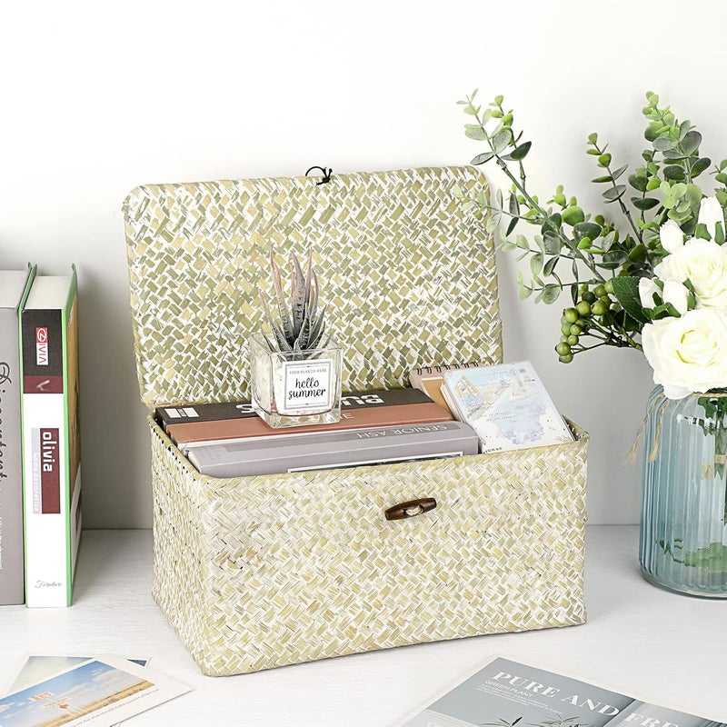 Hipiwe Wicker Shelf Baskets Bin with Lid, Large Natural Seagrass Basket Storage Bins Handwoven Rectangular Household Basket Boxes for Shelf Wardrobe Home Organizer and Decor, Whitewash - Image 4