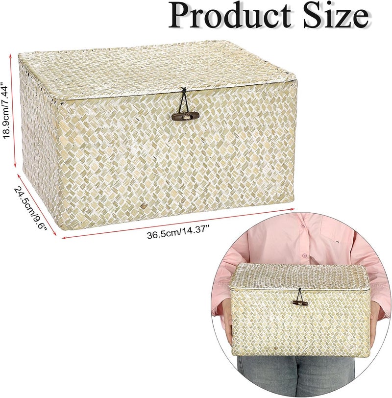 Hipiwe Wicker Shelf Baskets Bin with Lid, Large Natural Seagrass Basket Storage Bins Handwoven Rectangular Household Basket Boxes for Shelf Wardrobe Home Organizer and Decor, Whitewash - Image 2
