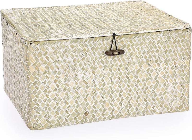 Hipiwe Wicker Shelf Baskets Bin with Lid, Large Natural Seagrass Basket Storage Bins Handwoven Rectangular Household Basket Boxes for Shelf Wardrobe Home Organizer and Decor, Whitewash - Image 1