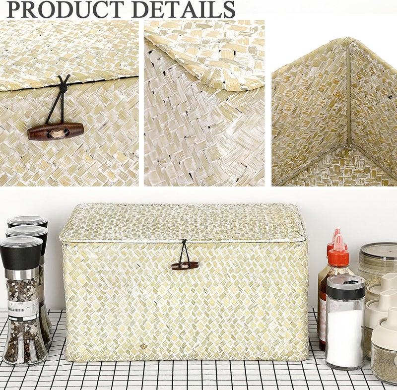 Hipiwe Wicker Shelf Baskets Bin with Lid, Large Natural Seagrass Basket Storage Bins Handwoven Rectangular Household Basket Boxes for Shelf Wardrobe Home Organizer and Decor, Whitewash - Image 5