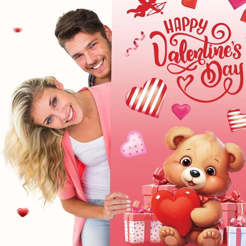 DERAYEE Happy Valentine's Day Door Cover, Red Pink Heart Bear Photography Backdrop Banner for Valentines Front Door Wall Indoor Outdoor Decorations - Image 4