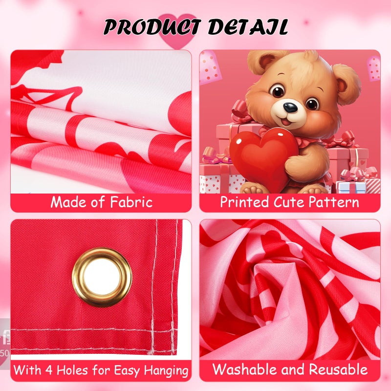 DERAYEE Happy Valentine's Day Door Cover, Red Pink Heart Bear Photography Backdrop Banner for Valentines Front Door Wall Indoor Outdoor Decorations - Image 5