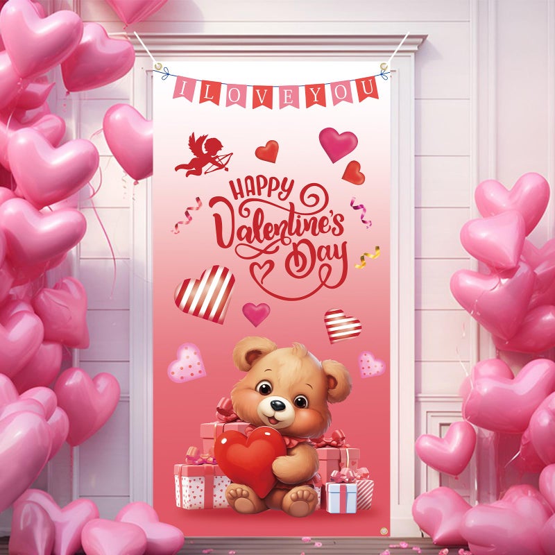 DERAYEE Happy Valentine's Day Door Cover, Red Pink Heart Bear Photography Backdrop Banner for Valentines Front Door Wall Indoor Outdoor Decorations - Image 2