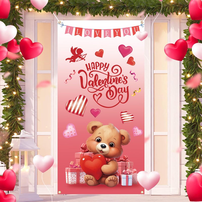 DERAYEE Happy Valentine's Day Door Cover, Red Pink Heart Bear Photography Backdrop Banner for Valentines Front Door Wall Indoor Outdoor Decorations - Image 1