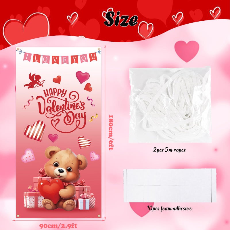 DERAYEE Happy Valentine's Day Door Cover, Red Pink Heart Bear Photography Backdrop Banner for Valentines Front Door Wall Indoor Outdoor Decorations - Image 3