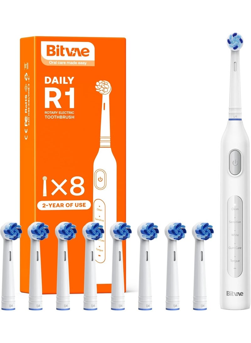 Bitvae R1 Rotary Electric Toothbrush, White, 8 Brush Heads, 5 Modes, 60-Day Battery Life, 2-Minute Timer, IPX7 Waterproof - Image 1