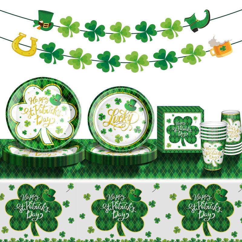 Baolaiballoon St Patricks Day Party Supplies Tableware Set Irish Themed Tableware with Lucky Shamrock Paper Plates Napkins Cups Tablecloth Banner for St Patricks Day Party Decorations Serves 24 - Image 3