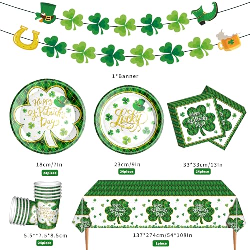 Baolaiballoon St Patricks Day Party Supplies Tableware Set Irish Themed Tableware with Lucky Shamrock Paper Plates Napkins Cups Tablecloth Banner for St Patricks Day Party Decorations Serves 24 - Image 5