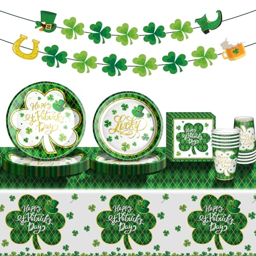 Baolaiballoon St Patricks Day Party Supplies Tableware Set Irish Themed Tableware with Lucky Shamrock Paper Plates Napkins Cups Tablecloth Banner for St Patricks Day Party Decorations Serves 24 - Image 1