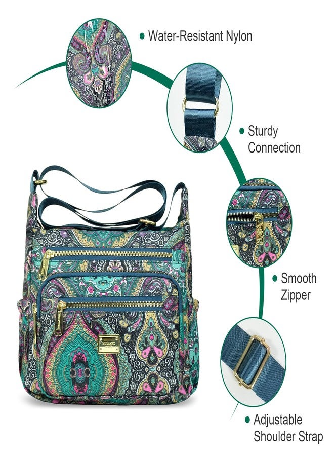 LassZone Crossbody Bag for Women Waterproof Nylon Shoulder Handbags Multi Pocket Casual Messenger Bag Floral Travel Purse (Floral Green) - Image 5