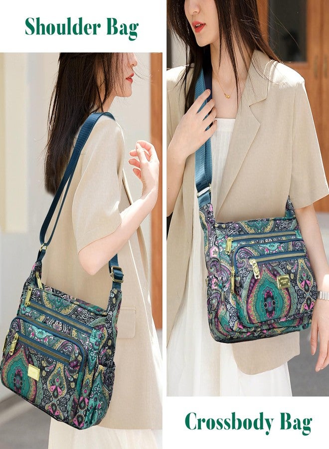 LassZone Crossbody Bag for Women Waterproof Nylon Shoulder Handbags Multi Pocket Casual Messenger Bag Floral Travel Purse (Floral Green) - Image 2