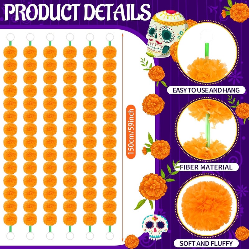 OCTERIC 6 Pcs - 5 Feet Marigold Garland Indian American Wedding Party Mantle Decoration, Dia de Los Muertos Faux Garlands Diwali Decoration, Spring Bush Floral (Orange - Image 2
