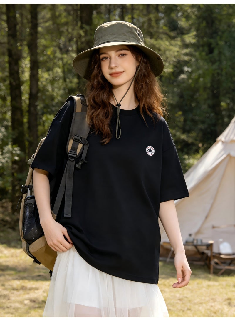 كونفرس Converse Short Sleeve T-Shirt, Women's Loose Versatile Cotton Tee, Outdoor Camping Style with White Tulle Skirt - Black - Image 3