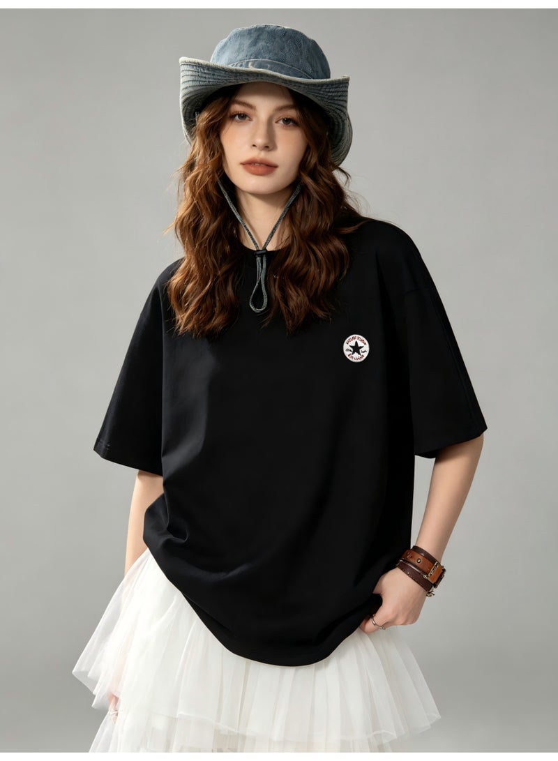 كونفرس Converse Short Sleeve T-Shirt, Women's Loose Versatile Cotton Tee, Outdoor Camping Style with White Tulle Skirt - Black - Image 2