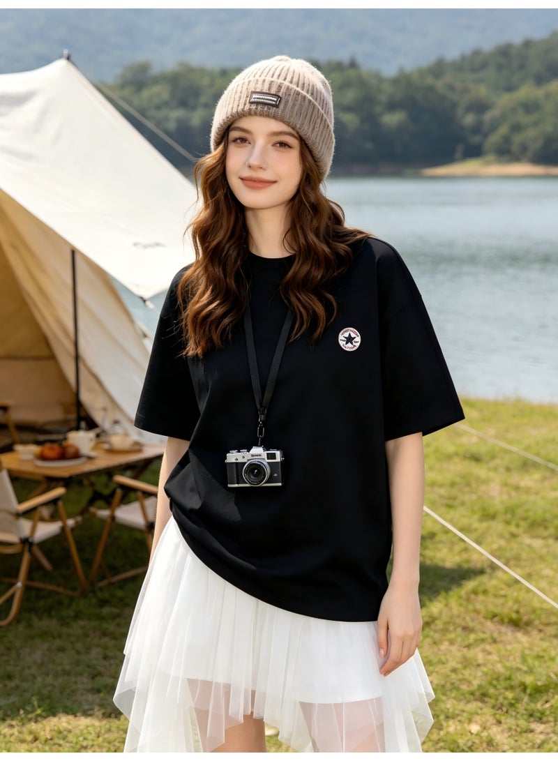 كونفرس Converse Short Sleeve T-Shirt, Women's Loose Versatile Cotton Tee, Outdoor Camping Style with White Tulle Skirt - Black - Image 5