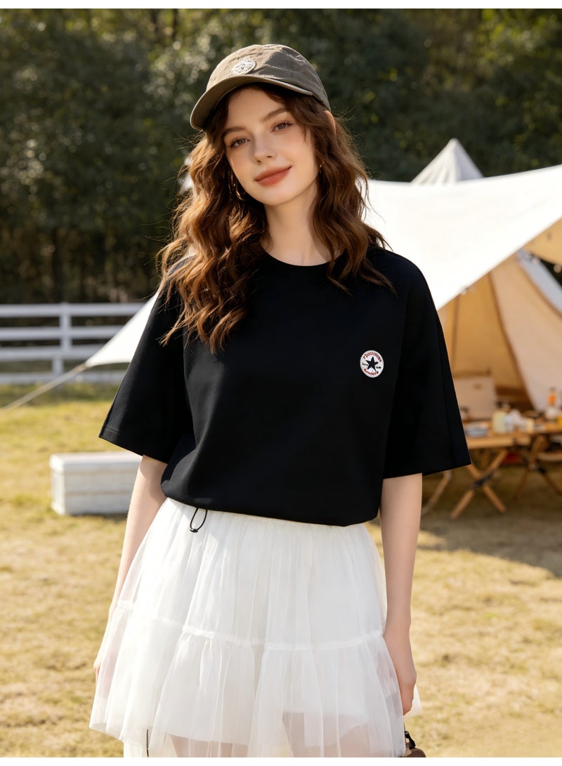 كونفرس Converse Short Sleeve T-Shirt, Women's Loose Versatile Cotton Tee, Outdoor Camping Style with White Tulle Skirt - Black - Image 4