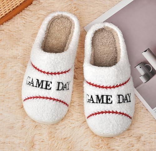 INMINPIN Women Men Ball Sports Slippers Soft Curly Plush House Shoes Cozy Bedroom Slippers Indoor Outdoor with Non Slip Sole for Sports Fan, Baseball White, 7-8 Women/5-6 Men - Image 4