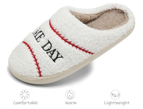 INMINPIN Women Men Ball Sports Slippers Soft Curly Plush House Shoes Cozy Bedroom Slippers Indoor Outdoor with Non Slip Sole for Sports Fan, Baseball White, 7-8 Women/5-6 Men - Image 5