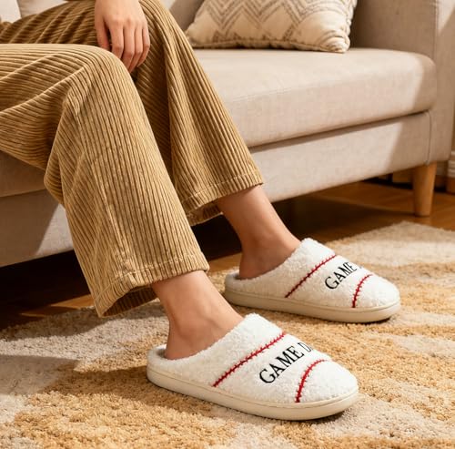 INMINPIN Women Men Ball Sports Slippers Soft Curly Plush House Shoes Cozy Bedroom Slippers Indoor Outdoor with Non Slip Sole for Sports Fan, Baseball White, 7-8 Women/5-6 Men - Image 2