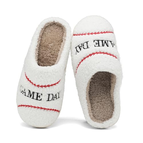 INMINPIN Women Men Ball Sports Slippers Soft Curly Plush House Shoes Cozy Bedroom Slippers Indoor Outdoor with Non Slip Sole for Sports Fan, Baseball White, 7-8 Women/5-6 Men - Image 1