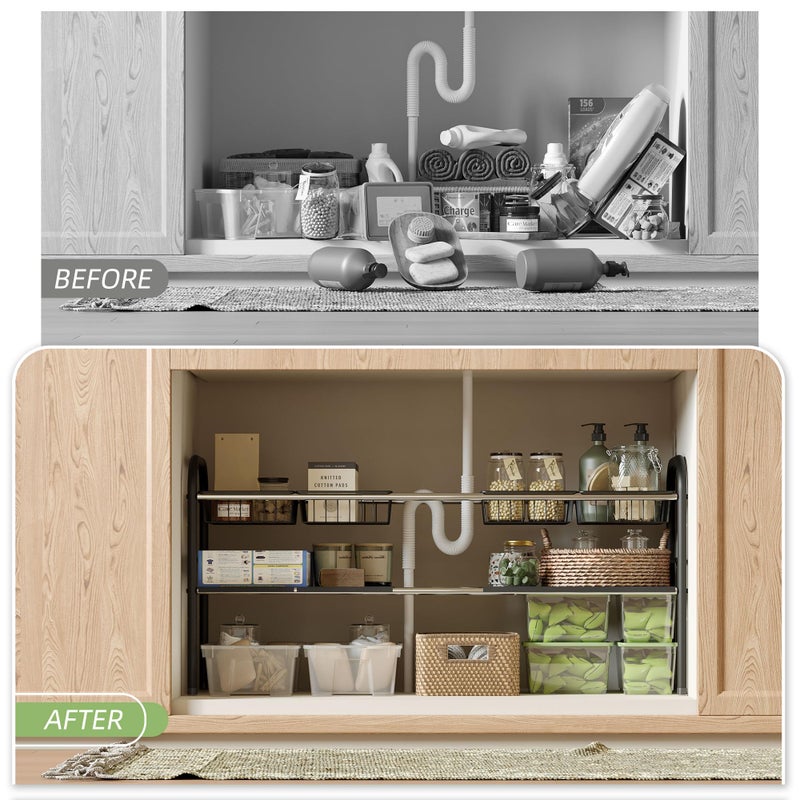 NETEL Under Sink Organizers and Storage, 2 Tier Expandable Under Cabinet Organizer Shelf with 4 Baskets and 4 Panels, Expandable Shelf for Cupboard, Kitchen, Bathroom, Shoe Storage Rack - Image 4