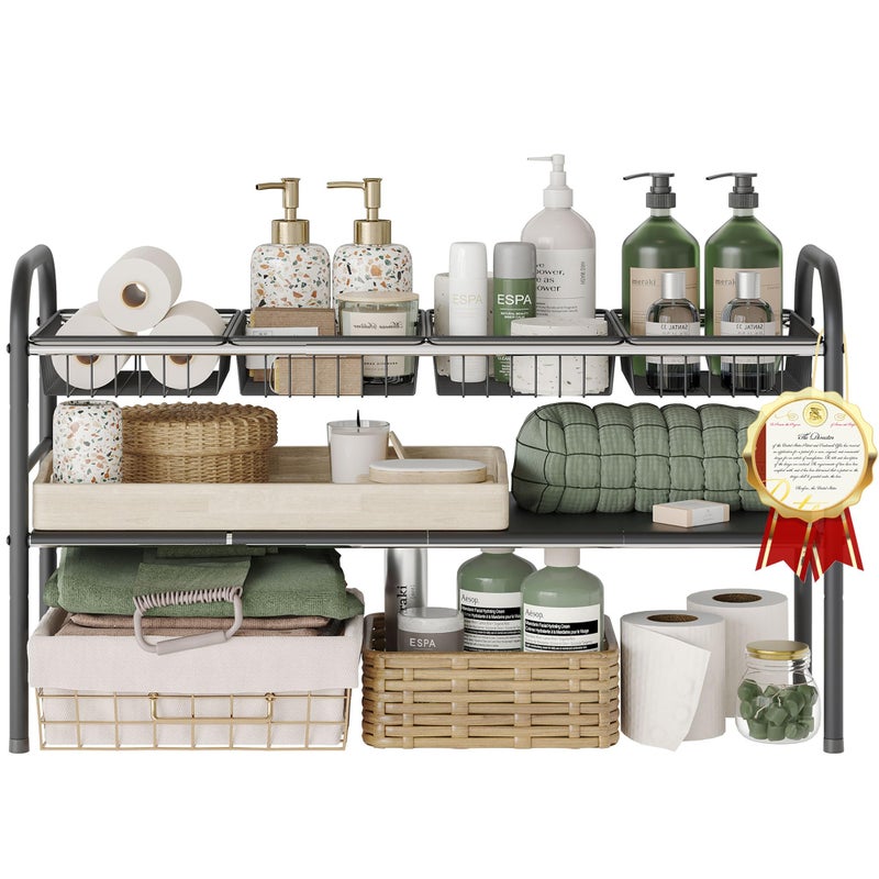 NETEL Under Sink Organizers and Storage, 2 Tier Expandable Under Cabinet Organizer Shelf with 4 Baskets and 4 Panels, Expandable Shelf for Cupboard, Kitchen, Bathroom, Shoe Storage Rack - Image 1