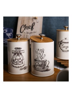 Cuken 3 Pieces Canister Sets for Kitchen Counter, Metal Vintage Kitchen Canisters, Coffee Sugar Tea Canister Set, Food Storage Canister with Bamboo Lid, Farmhouse Kitchen Decor, Beige  - Image 4