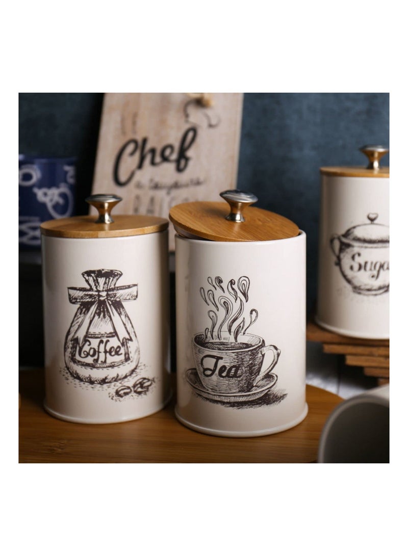 ساكن مجموعة 3 علب تخزين للمطبخ, علب معدنية بغطاء خيزران محكمة الإغلاق لتخزين القهوة والسكر والشاي, أوعية تخزين طعام عتيقة لترتيب منضدة المطبخ, لون بيج - Image 2