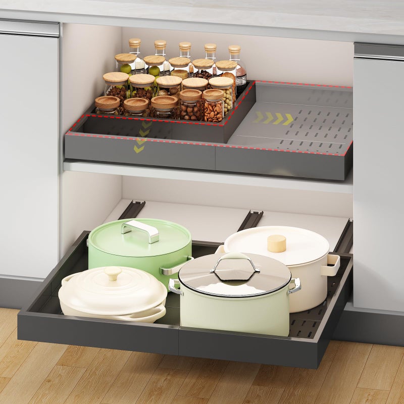 Fokyfok Pull out Cabinet Organizer,Width (14"-21") and Depth (17"-24") Expandable With 3 Rails,No Drill Adjustable Slide out Drawers for Kitchen,Pantry,Adhesive Roll out Shelves,for Cabinets Without Lip,Black - Image 1