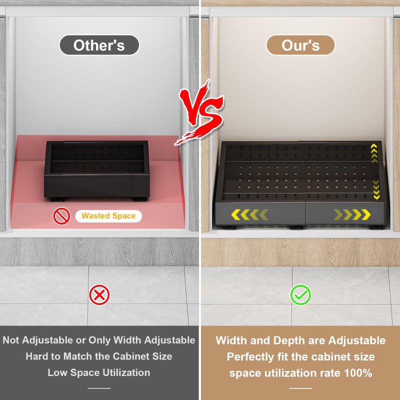 Fokyfok Pull out Cabinet Organizer,Width (14"-21") and Depth (17"-24") Expandable With 3 Rails,No Drill Adjustable Slide out Drawers for Kitchen,Pantry,Adhesive Roll out Shelves,for Cabinets Without Lip,Black - Image 3