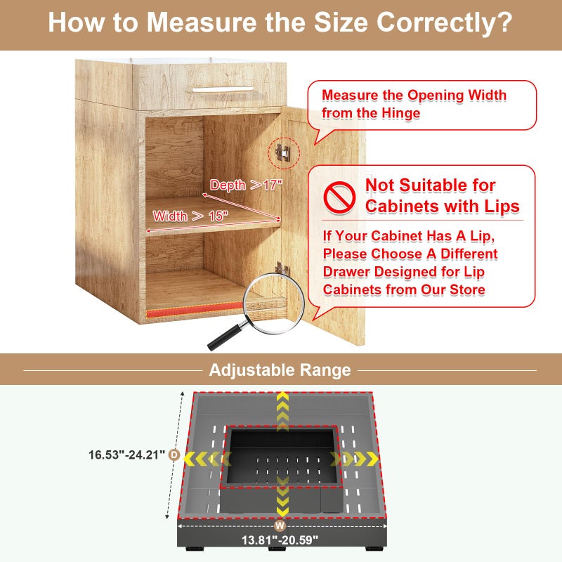 Fokyfok Pull out Cabinet Organizer,Width (14"-21") and Depth (17"-24") Expandable With 3 Rails,No Drill Adjustable Slide out Drawers for Kitchen,Pantry,Adhesive Roll out Shelves,for Cabinets Without Lip,Black - Image 2
