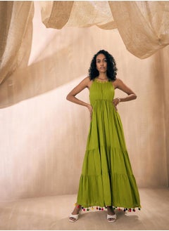 SASSAFRAS Embroidered Neckline Pom-Pom Detail Tiered Maxi Dress by Styli  - Image 2