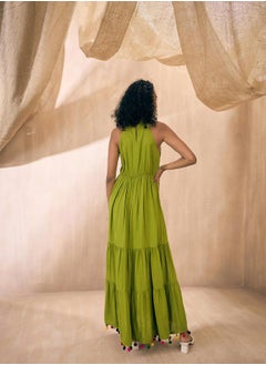 SASSAFRAS Embroidered Neckline Pom-Pom Detail Tiered Maxi Dress by Styli  - Image 5