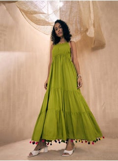 SASSAFRAS Embroidered Neckline Pom-Pom Detail Tiered Maxi Dress by Styli  - Image 1
