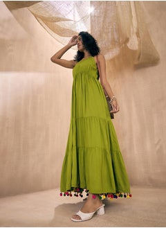 SASSAFRAS Embroidered Neckline Pom-Pom Detail Tiered Maxi Dress by Styli  - Image 3