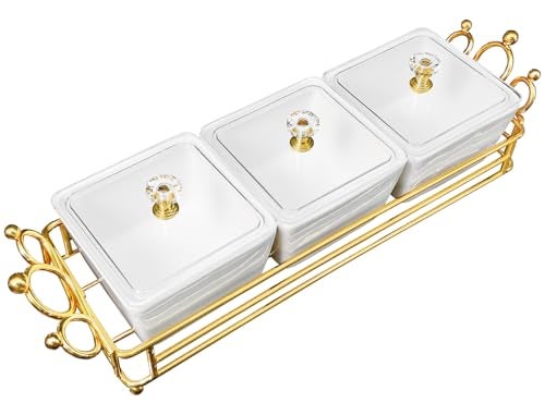 YA JU Ceramic Bowls and with Lid Gold Basket Trays, 3 Removable Small Bowls Condiment Trays Nut Serving Set for Snacks, Fruits, Candy and Condiments - Great for Parties, Holiday Gifts, White - Image 1